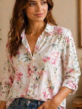 Taylor White Floral Button-Down Shirt with Pink & Green Accents
